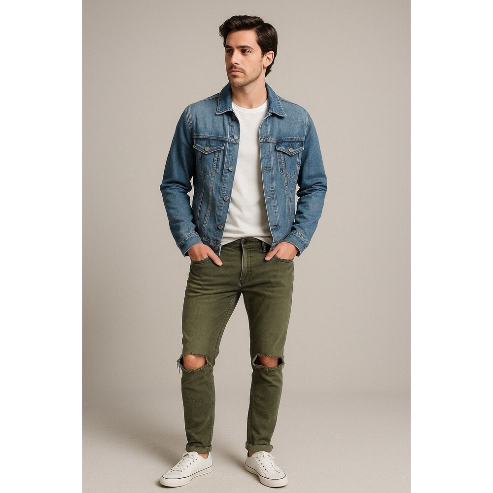 Zara Bull Denim Olive Green Distressed Skinny Jeans Men’s 30 Ripped Knees